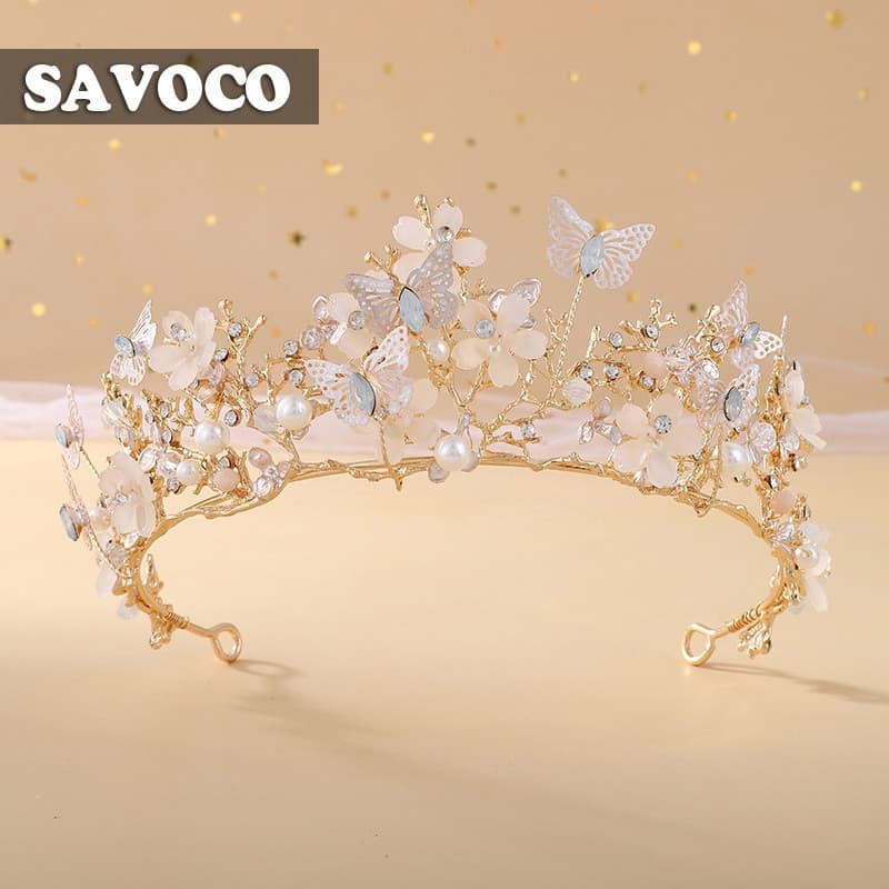 Coroa de Cristal SAVOCO com Borboletas e Flores, Adequada para Casamentos, Acessório de Cabelo Estilo Barroco para Anive