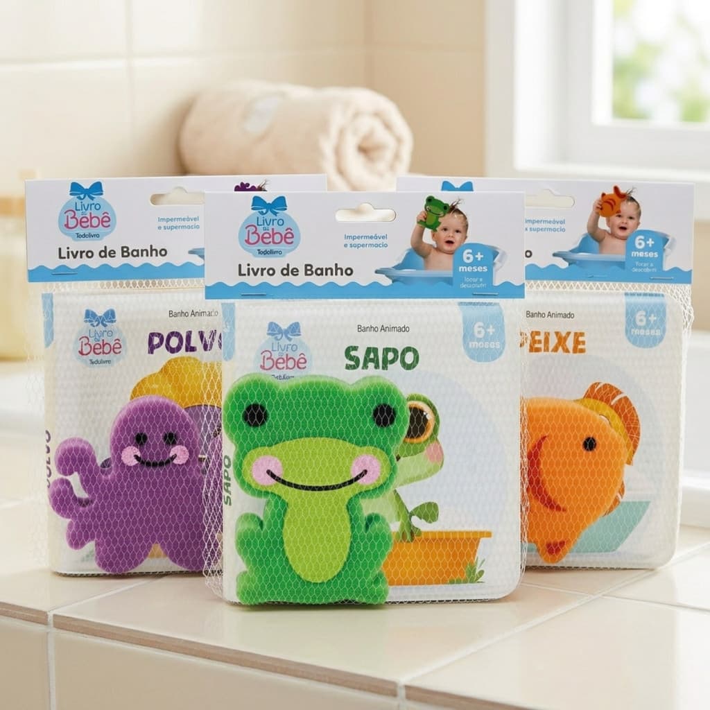Livro de Banho Bebê Com Esponja Animais Caixa Alta 6+ Meses Recém Nascido Infantil