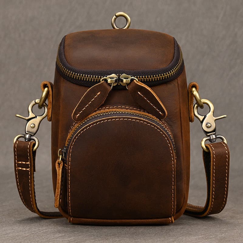 Bolsa de ombro pequena de couro genuíno Vintage, bolsa de cinto multifuncional de couro de cavalo louco, primeira camada
