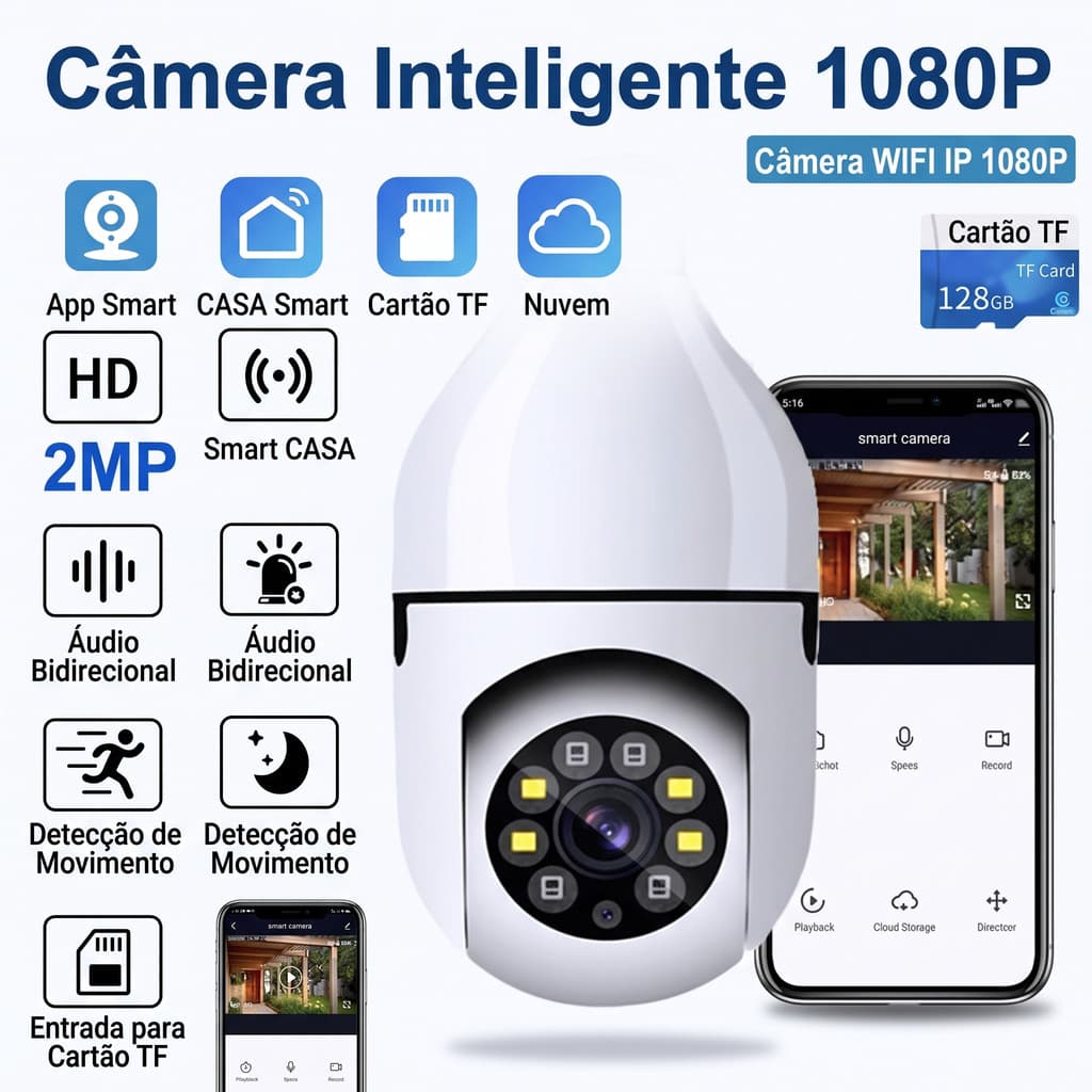 Câmera de Segurança Lâmpada WiFi Full HD Sem Fio 360° – Visão Noturna, Compatível com Icsee e Yoosee, Modelo 8177