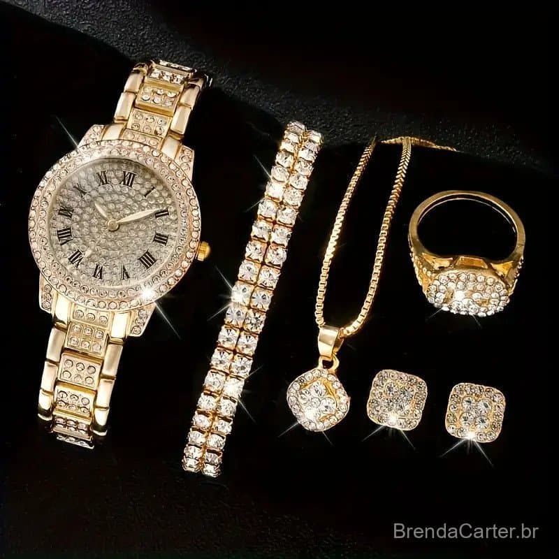 Conjunto De Relógio De Quartzo Com Strass Feminino Luxuoso De 6 Peças-Pulso Analógico Fashion E Presente De Joias Para M