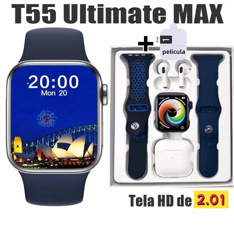 Smartwatch t55 pro 2025 max TWS Fone De Ouvido 2 Em 1 Chamada Bluetooth Relógio Inteligente 1.4 Polegadas Novo