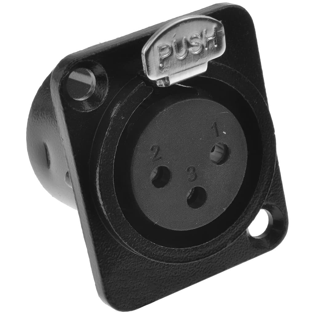 Conector XLR Fêmea Painel Preto 3 Pinos Trava Para Mesas De Som