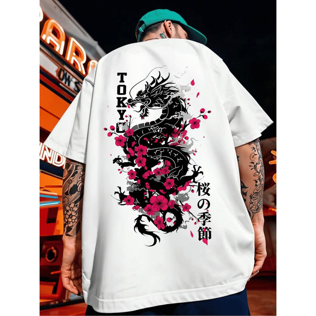 Camiseta Camisa Oversized Dragão Japonês c/ Cerejeira 100% Algodão Camisão Manga Curta Premium