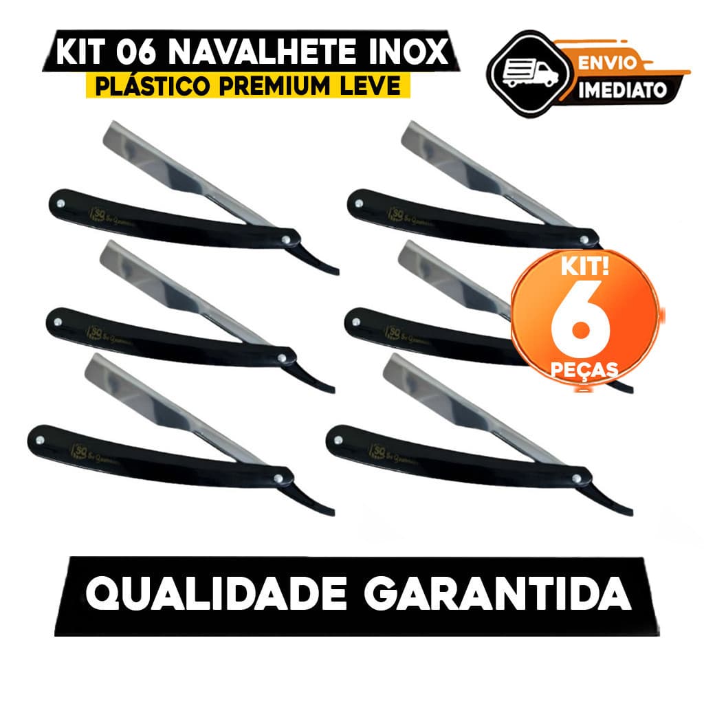 Kit 06 Navalhete Inox cabo Plástico Premium Leve Destreza Barbear Barbearia Cabeleireiro