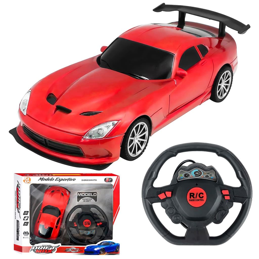 Carrinho De Controle Remoto Vermelho Volante Esportivo Com 4 Funções E Luzes – For Kids