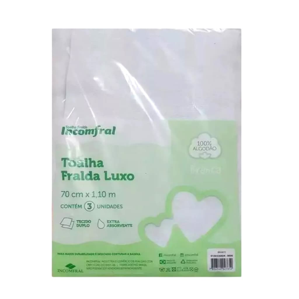 Toalha Fralda Luxo 3 Unidades Grande 70 cm x 1,10 m Incomfral 100% Algodão