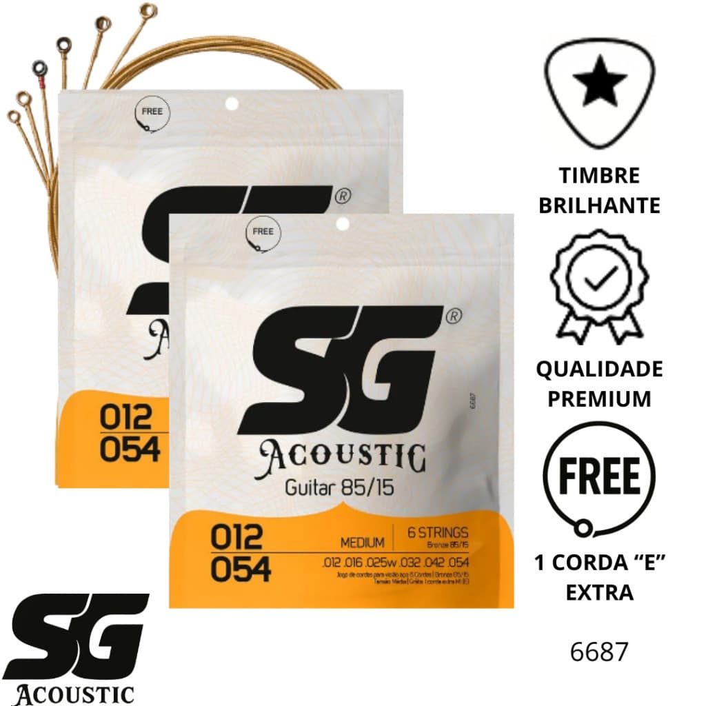 Kit com 2 Encordoamentos violão 012 Tensão Media 6 cordas 85/15 SG 012 - 054