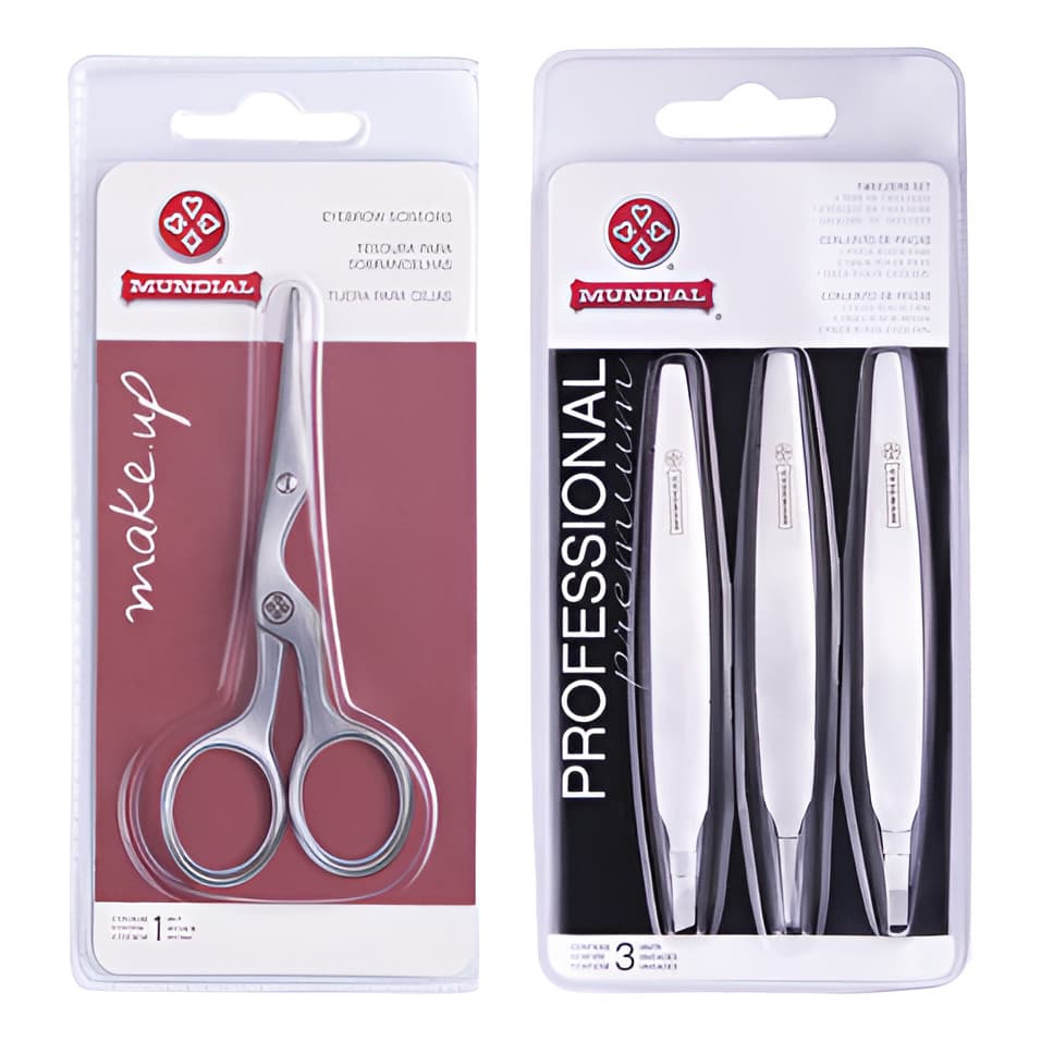 Tesoura Reta Mundial Para Sobrancelhas + 3 Pinças  Mundial Bc-394 Original Kit Sobrancelha
