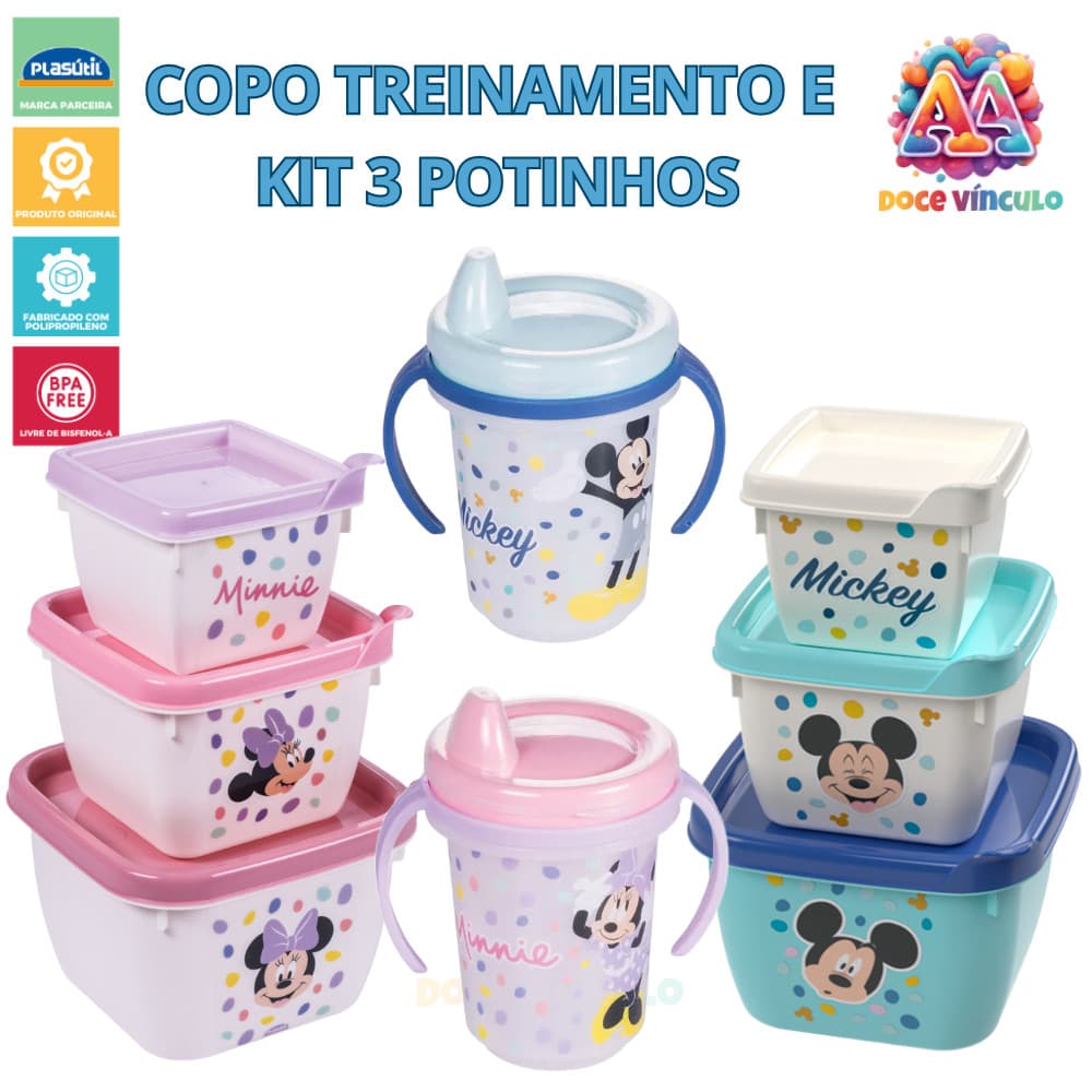 Kit Copo Caneca Treinamento Alça Conjunto 3 Potinhos Mickey Minnie BPA Free Lancheira Plasutil