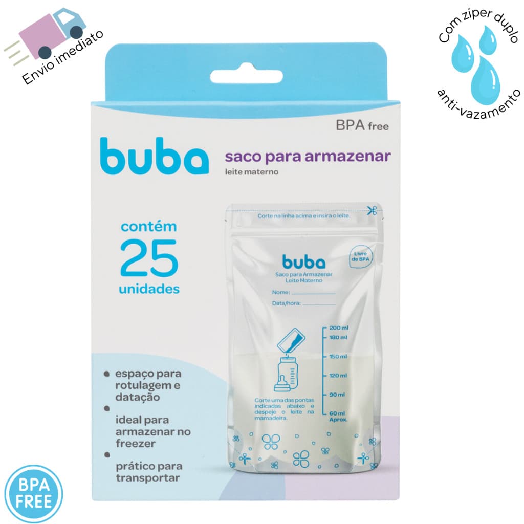 Saco Para Armazenar Leite Materno 200ml Com Ziper Duplo Anti Vazamento Buba