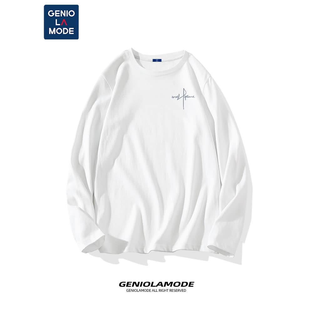 GENIOLAMODE Simples Puro Algodão Manga Comprida Camiseta Masculina 2025 Primavera Outono Juventude Solta Casual Camisa d