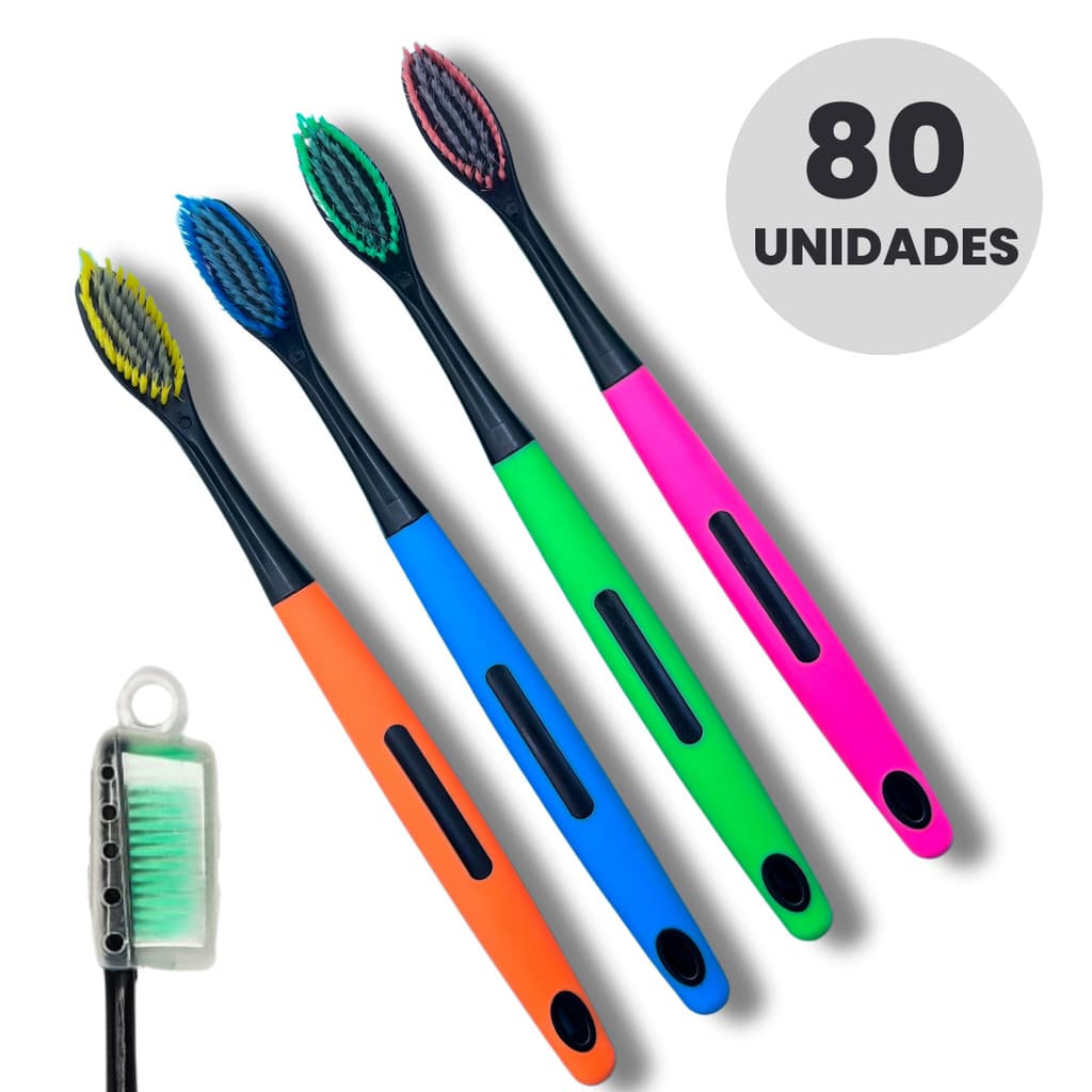 Kit Com 80 Escovas De Dente Dental Macia Adulto Com Capa Protetora E Limpador De Lingua