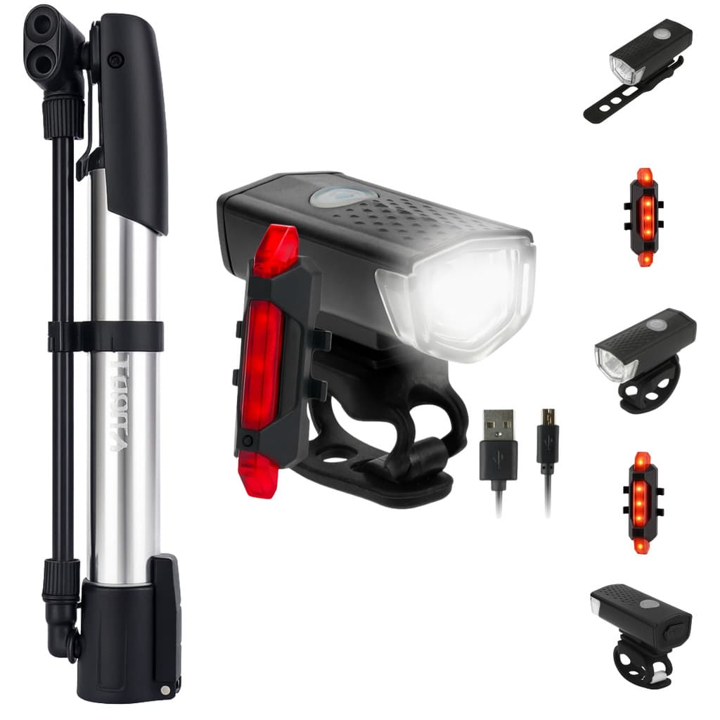 Kit Completo Para Bike Luz Led Recarregável Frente e Traseira + Mini Bomba de Ar Para Pneu