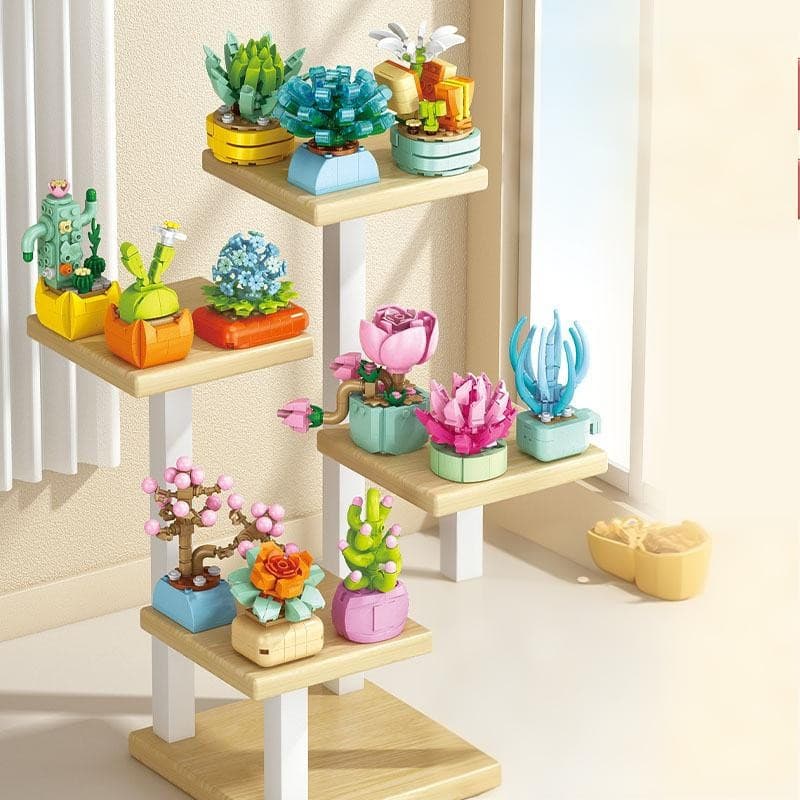 Bloco de Montar Bricks | Miniatura de Vasos Suculentas e Flores | Brinquedo Educativo para Presente