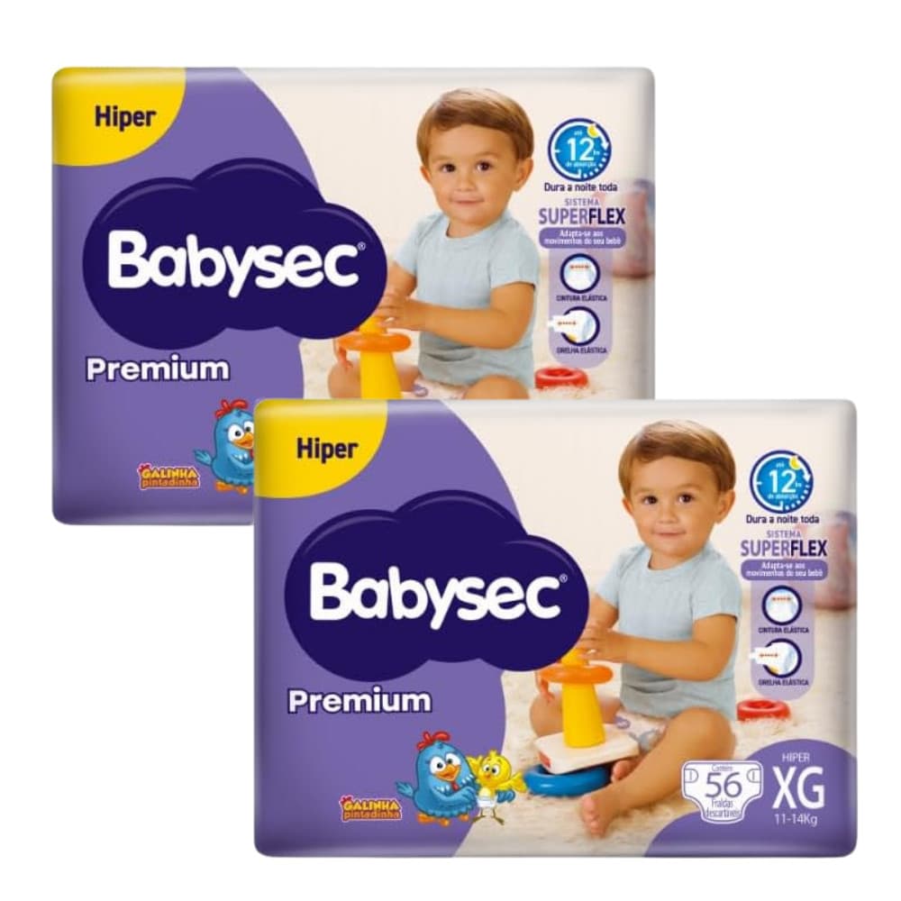 2x Pacote c/56unidades de Fralda BabySec Premium Hiper XG Galinha Pintadinha – Até 12h de Proteção