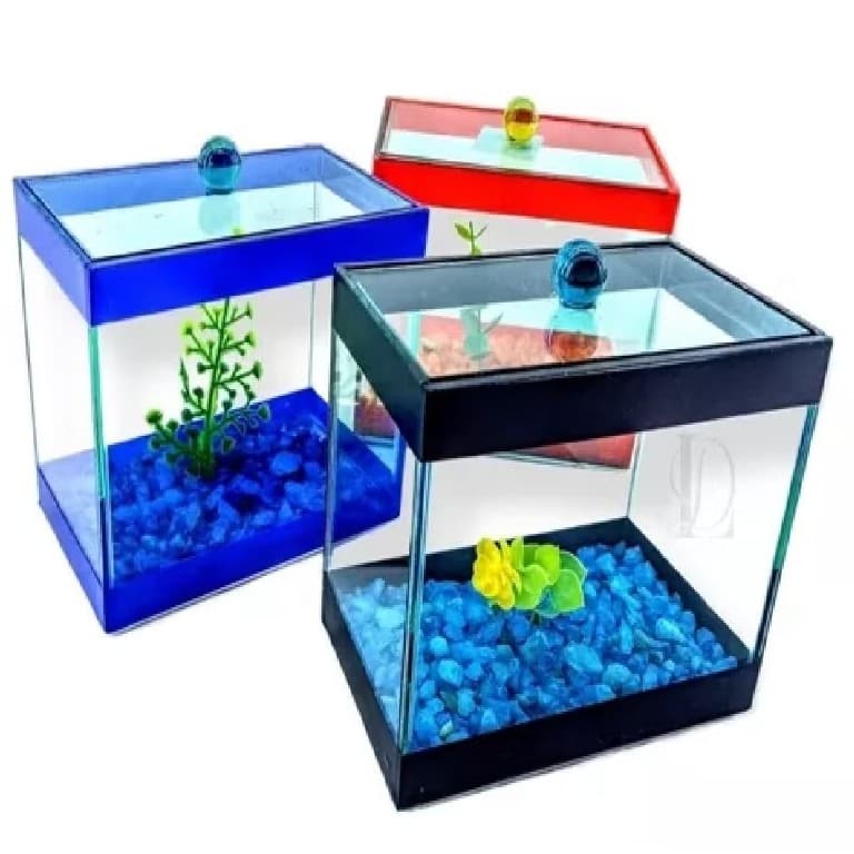 Aquário decorativa Beteira Tubular 15x9x13cm Retangular Decorada Peixe betas ornamental cascalho e plantas