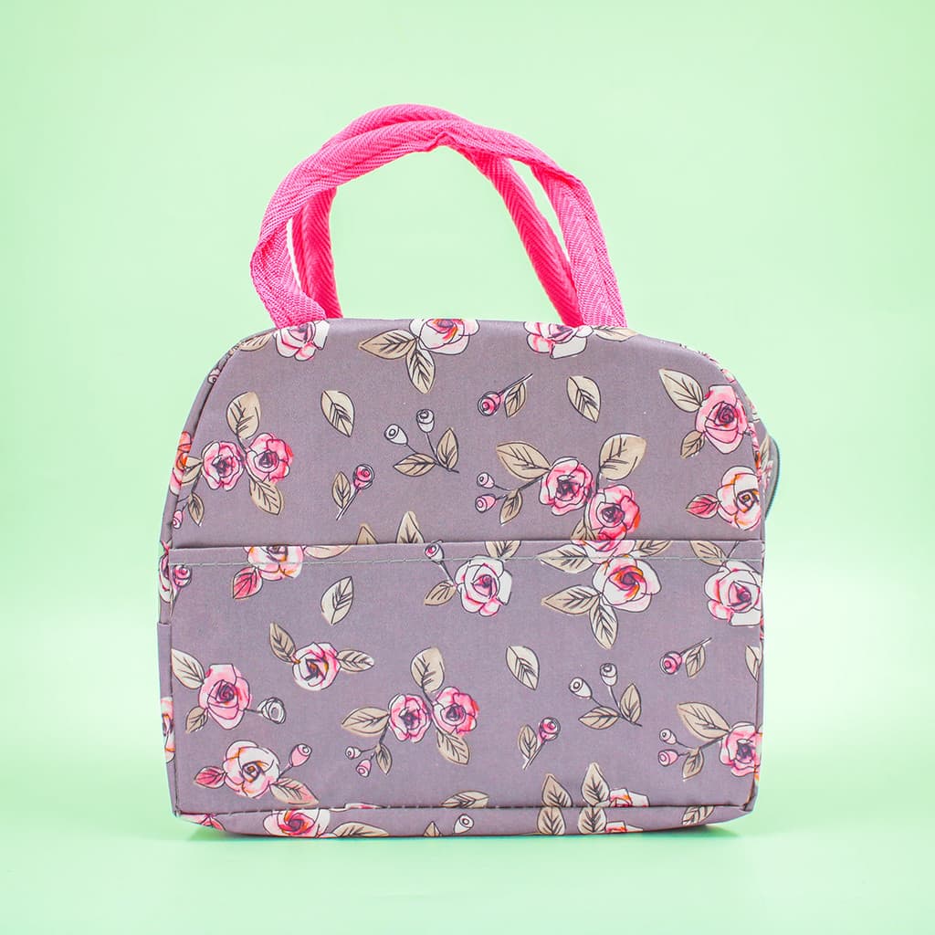 Bolsa Marmita Lancheira Térmica Estampada Rosas Cinza