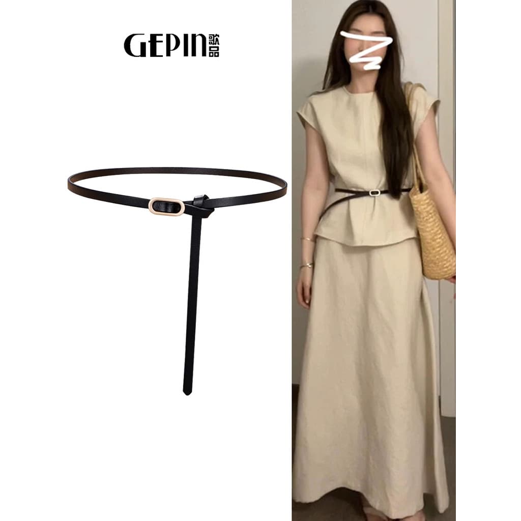 Cinto fino de couro preto feminino com nó decoração vestido de verão simples All-Match acessórios retrô cinto pequeno