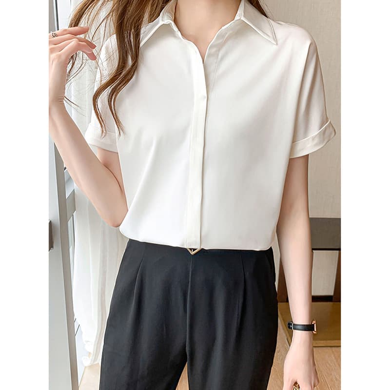 2022 verão novo estilo senhoras camisa branca feminina manga curta gola polo fina Casual Plus Size camisa solta na moda