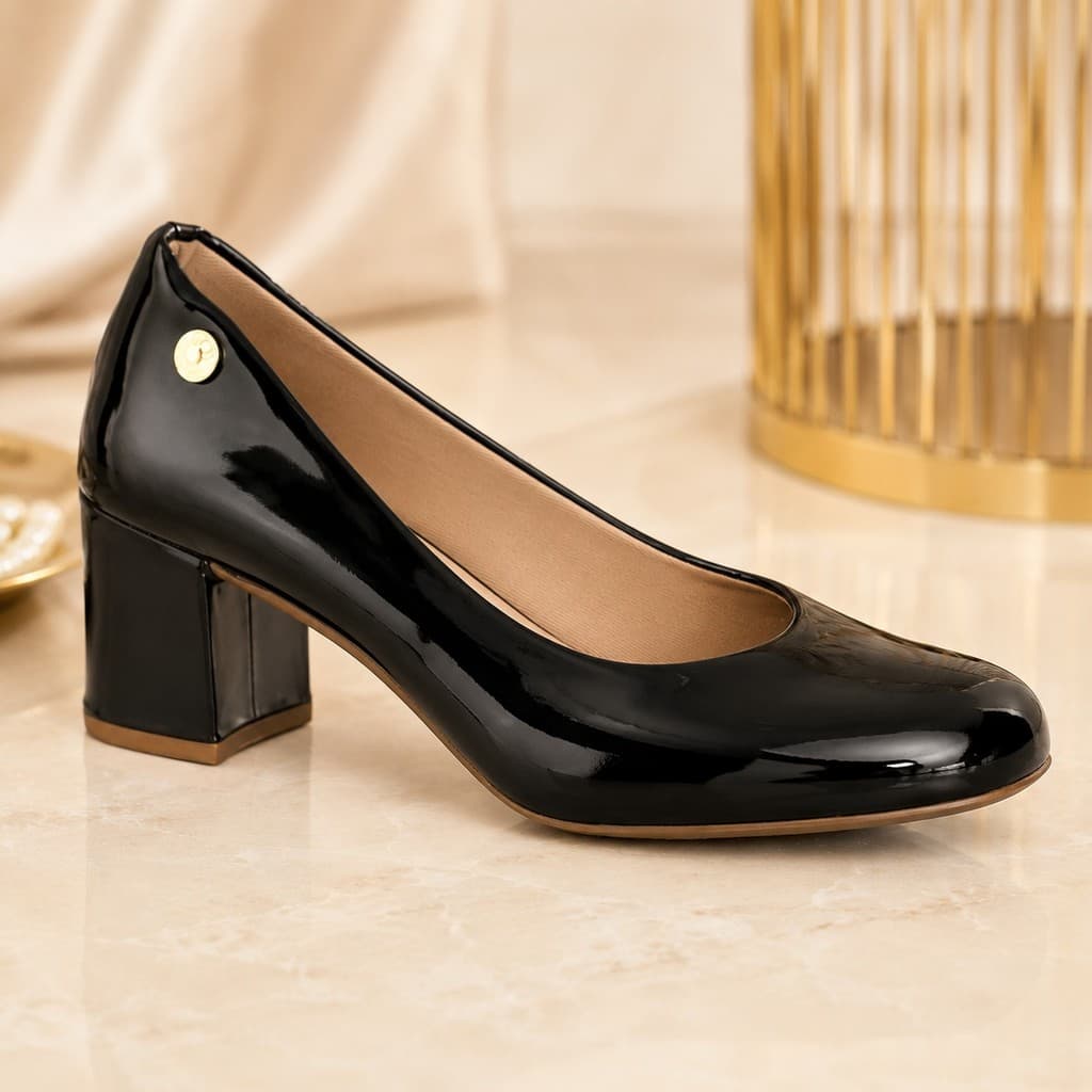 Sapato Scarpin Feminino Salto Bloco Grosso 6 cm e Bico Quadrado Verniz Confortável Social Evangélica