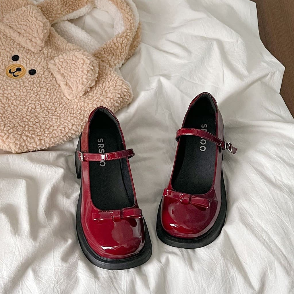 33DB Novos Sapatos Mary Jane Femininos de Salto Alto com Laço, Estilo Retro Francês JK, Sapatos de Couro Grosso PAQN
