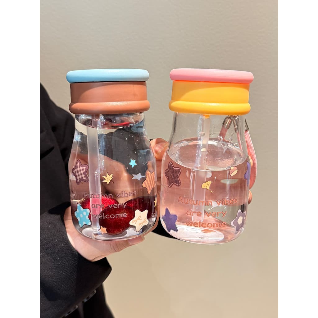 Ins copo de água meninas vidro de alto valor alto borosilicato resistente a altas temperaturas duplo copo de palha portá