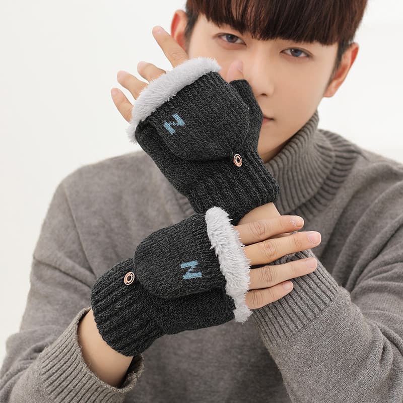 Luvas Flip masculinas inverno quente estudante lã espessada meio dedo à prova de frio escrita sem dedos cinco @
