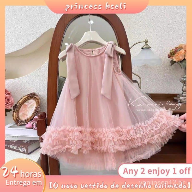 PRINCESSKESLI Vestido De Verão Para Meninas Com Estrelas Cintilantes Tule Sem Mangas 2-10 Anos
