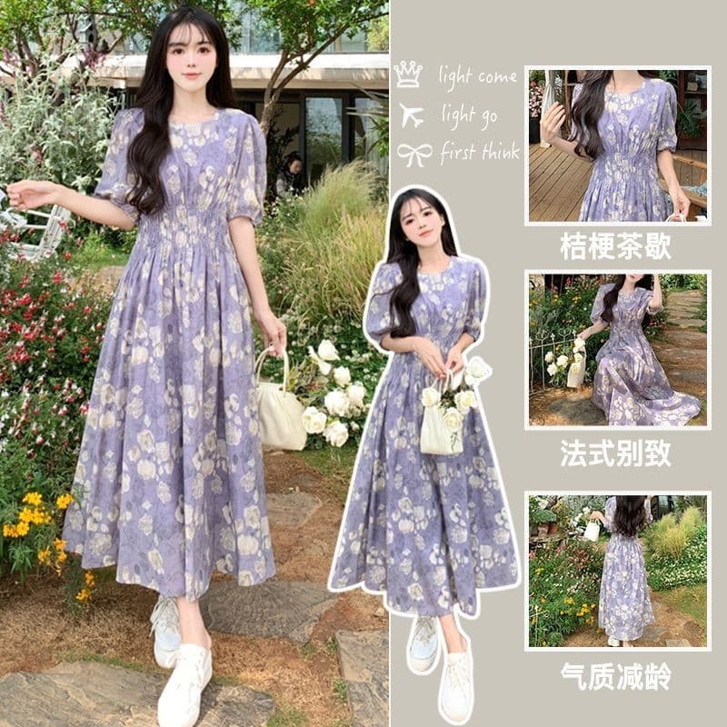 Vestido De Manga Bufante floral Francês Para Chá Menina Mulheres Em Princesa Fugitiva vintage Saia Longa Média Na Moda T