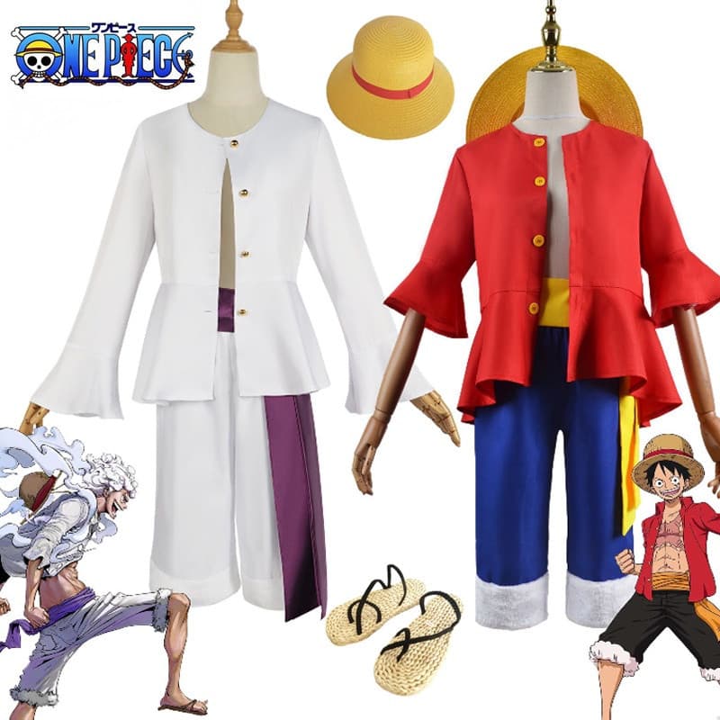 Fantasia de Cosplay Nika Luffy Gear 5, Traje de Anime, Conjunto Branco com Camisa, Calças, Chapéu, Faixa, para Festa de