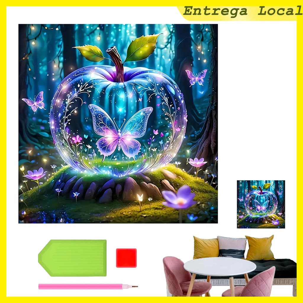 Pintura decorativa diamante quadrado 5D 30x30cm, "sombra maçã vidrada e borboleta", decoração de quarto