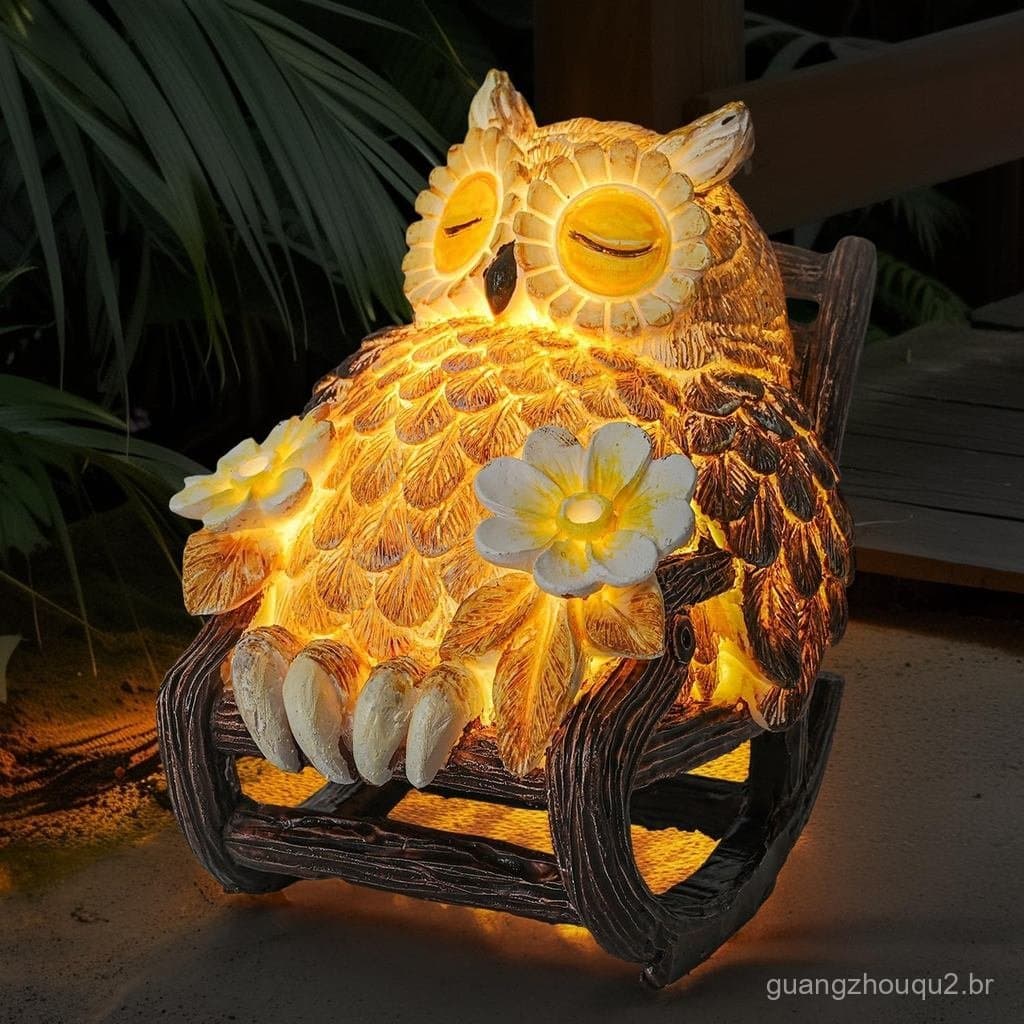 Escultura de Coruja Iluminada em Cadeira LIULO TOOL, Coruja LED Alimentada por Energia Solar Deitada na Cadeira, Estatue