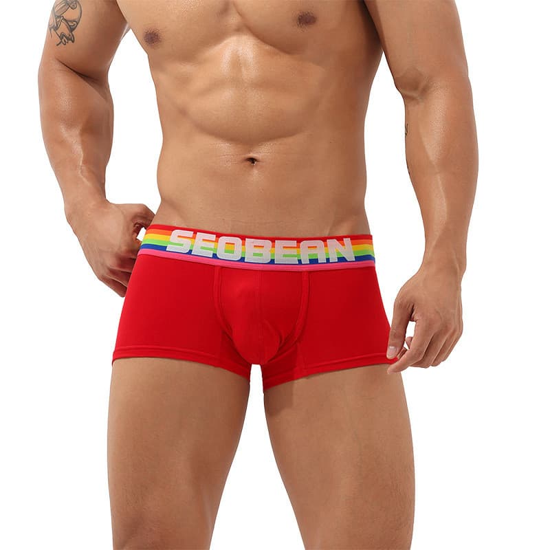SEOBEAN SEOBEAN Cueca Boxer masculina de algodão cor sólida com cinto arco-íris