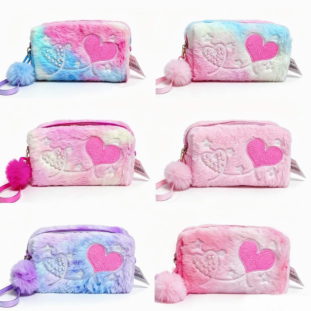 Necessaire de Pelúcia Tie-Dye com Coração Bordado Portátil para Maquiagem Cosméticos Viagem e Uso Diário