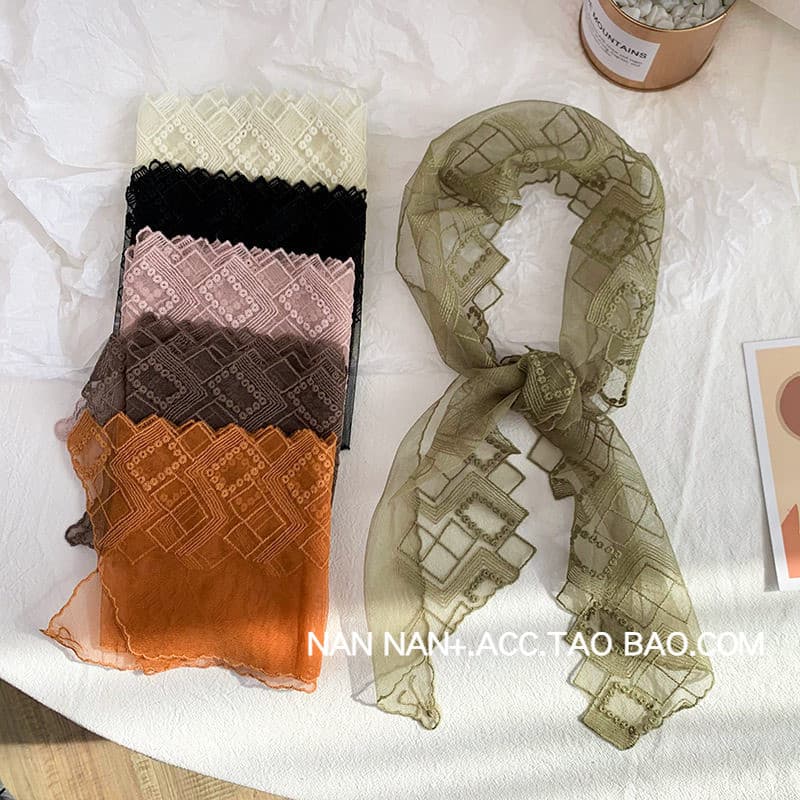 Super fada temperamento malha chanfrada lenço de renda feminino tira longa estreita pequeno lenço de seda bandana gravat