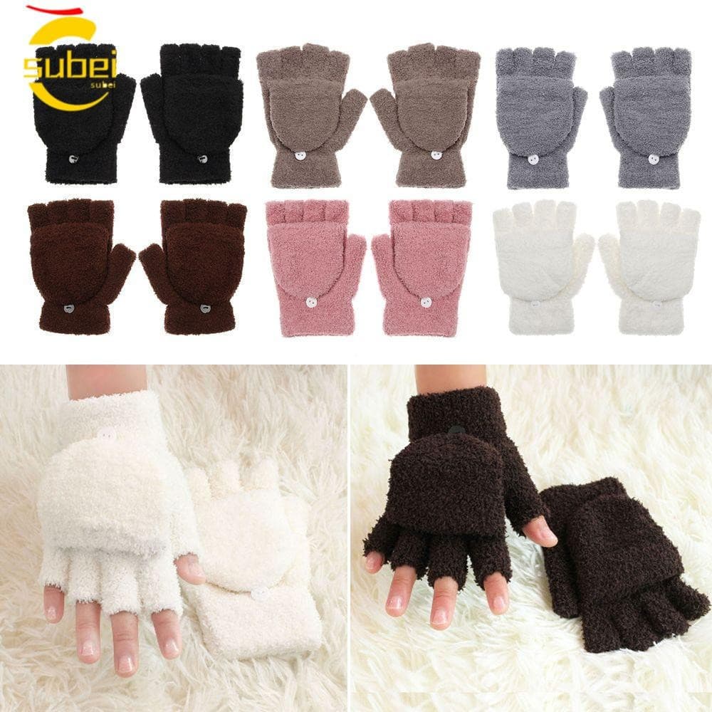 SUBEI Coral Velvet Luvas Crianças Estudante Dupla Utilização Inverno Quente Conversível Flip Top