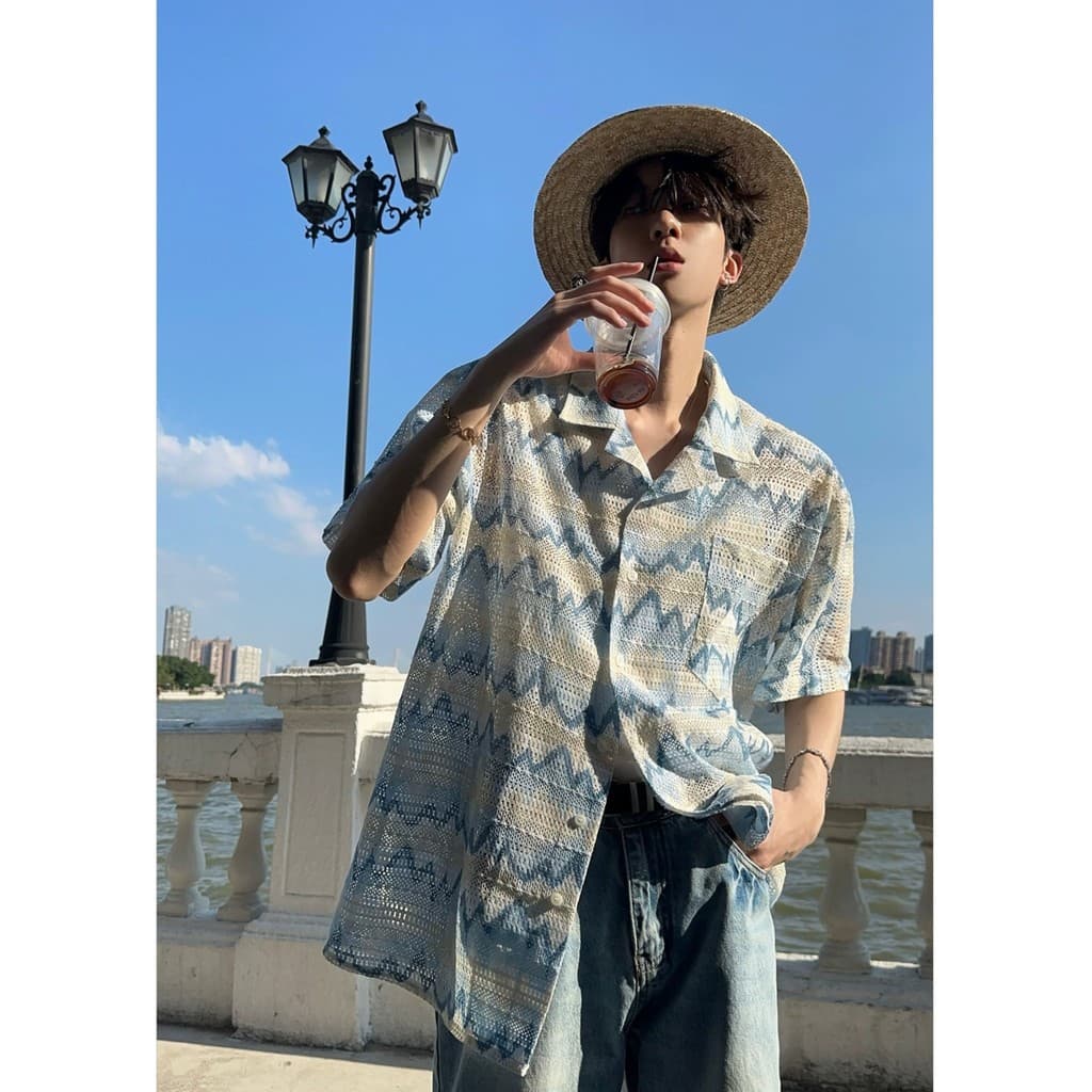 Havaí estilo férias textura contraste cor Design camisa de manga curta masculina verão solto Casual Seaside Wear camisa