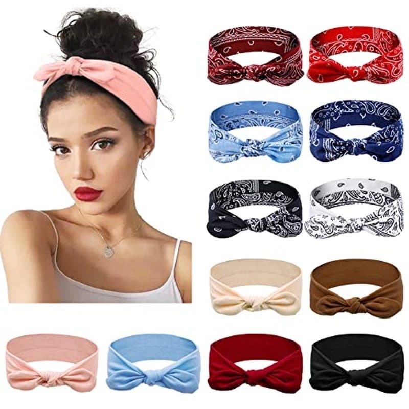 Huachi 12 Pacotes De Tiaras Com Laço Para Mulheres , Faixa De Cabelo Elástica Cabeça Nó , Orelhas De Coelho , Turbante ,