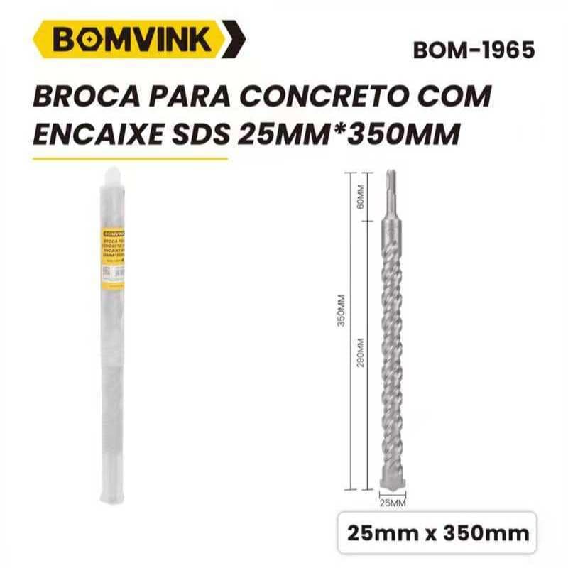 Broca para Concreto 25x350mm Encaixe SDS para Martelete BOMVINK Kit 1 2 3 5 ou 10 Peças
