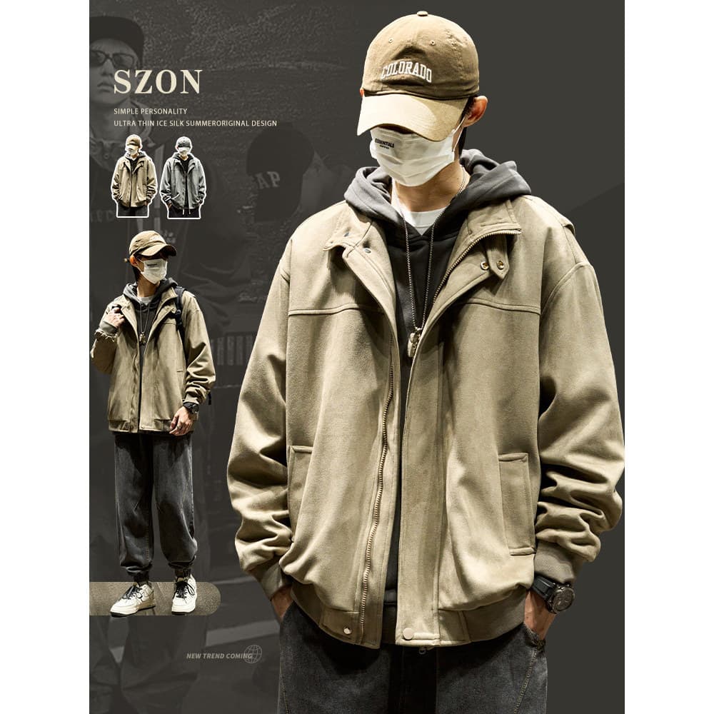 Jaqueta masculina outono inverno novo estilo camurça americana Workwear Casual topo solto lapela bombardeiro jaqueta na