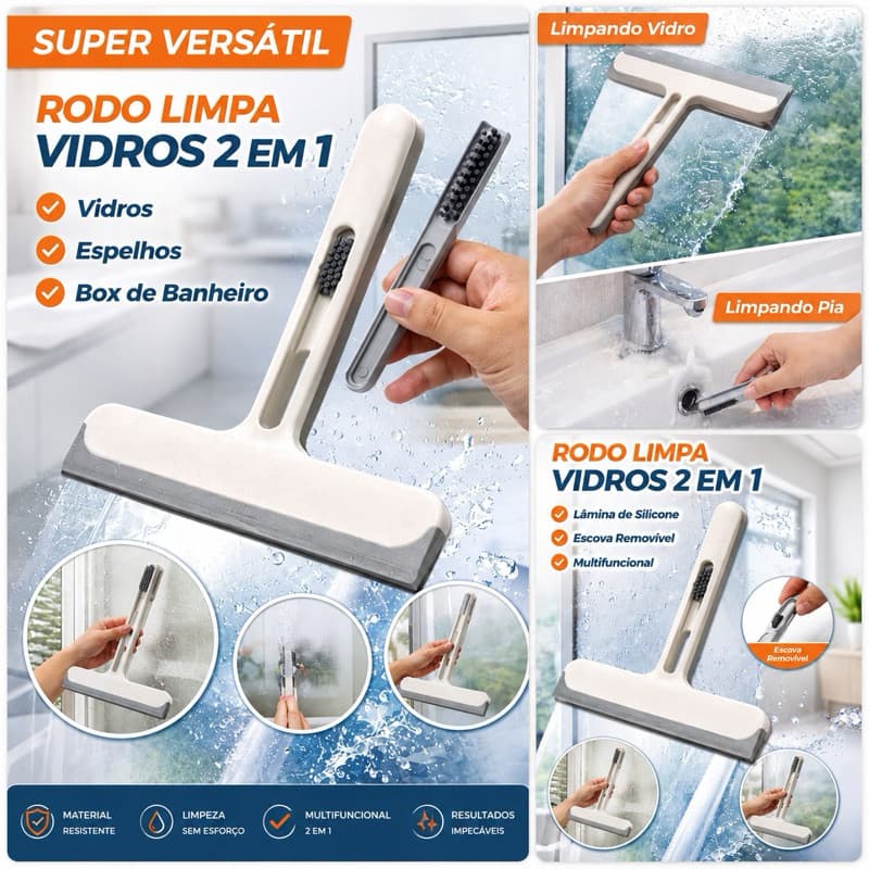 Rodo Limpa Vidro e Janela 2 em 1 c/Esponja e Escova Frestas Raspador Limpa Carro Lava Jato Janela Escritório Sala