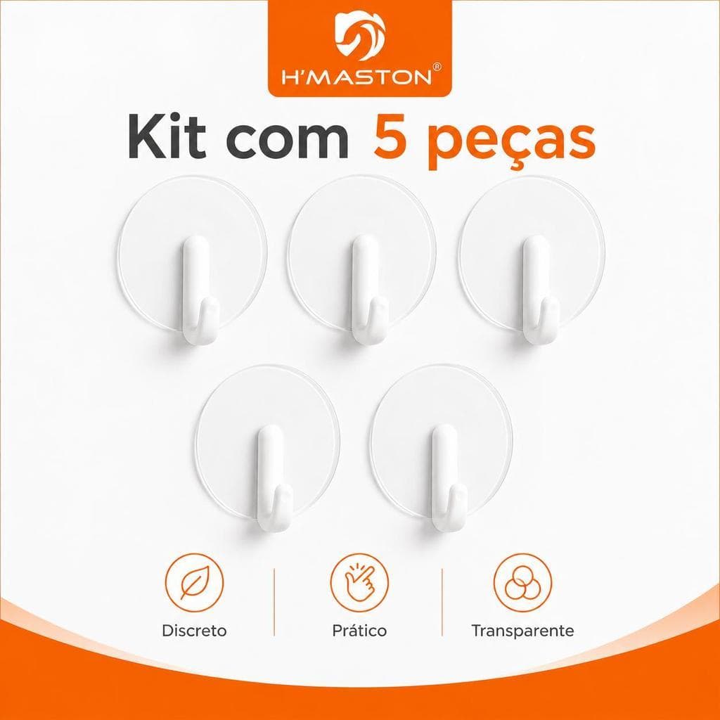 Gancho Adesivo Transparente H'Maston GUA05 Kit 5 Peças, Sem Perfuração, Multiuso