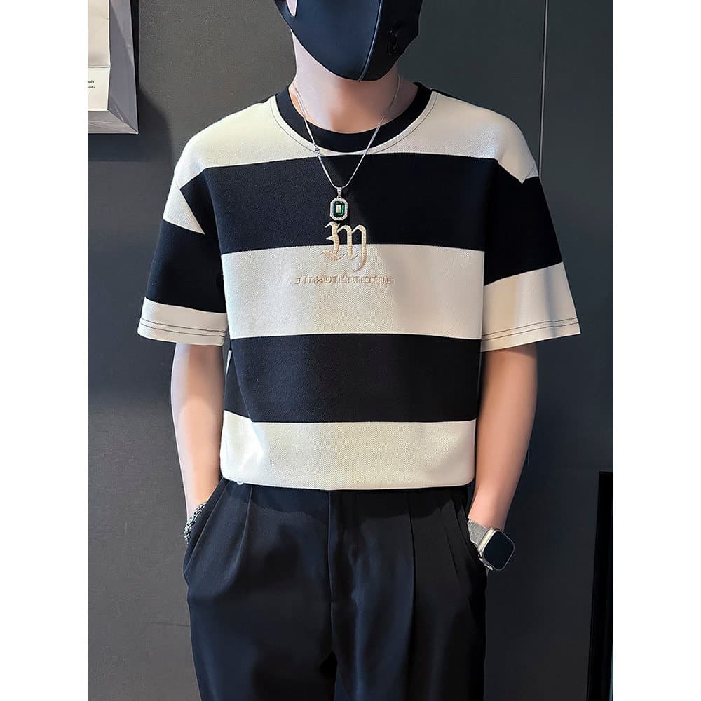 Design sentido bordado camiseta masculina verão Street Wear rufião bonito contraste cor de manga curta 2024 novo estilo