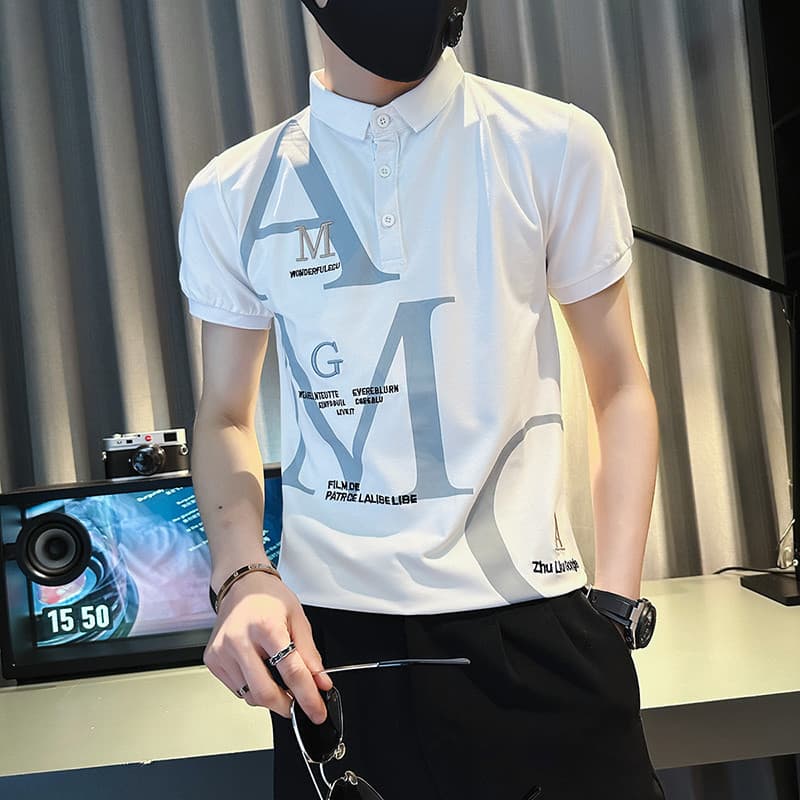 Camisa POLO de manga curta de verão masculina Street Wear magro-ajuste inchado bonito lapela bordado camiseta 2023