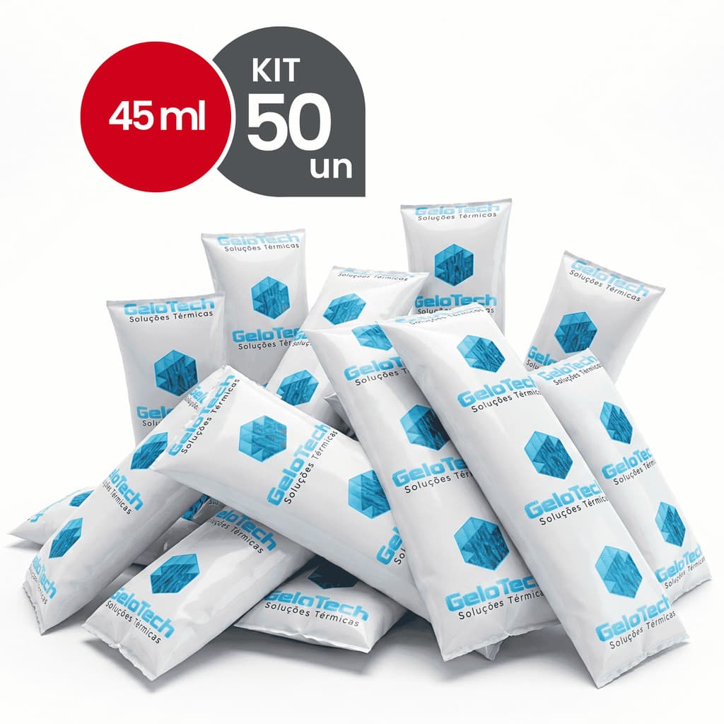 Kit 50 Gelo Reutilizável 45ml Até 8h Gelado Não Molha | GeloTech Flexível Gel Artificial Atóxico