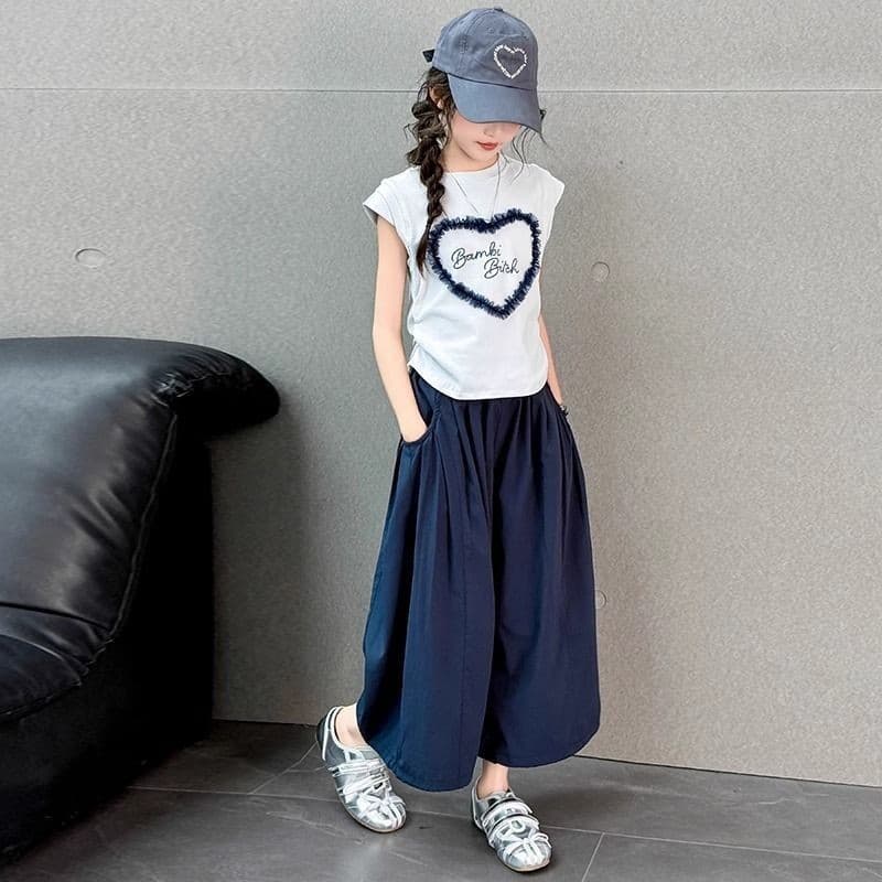 Meninas usam 2025 terno elegante crianças camiseta de manga curta meninas calças de perna larga terno de duas peças