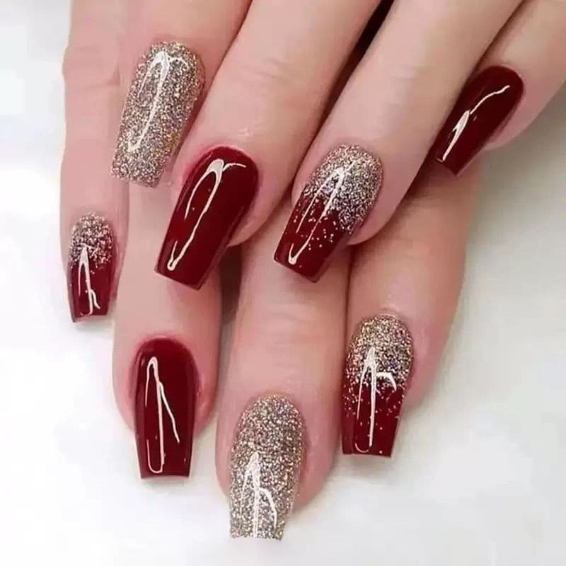 Piscando ouro em pó borgonha manicure nupcial médio longo prego feriado ano novo vestindo manicure vestindo manicure