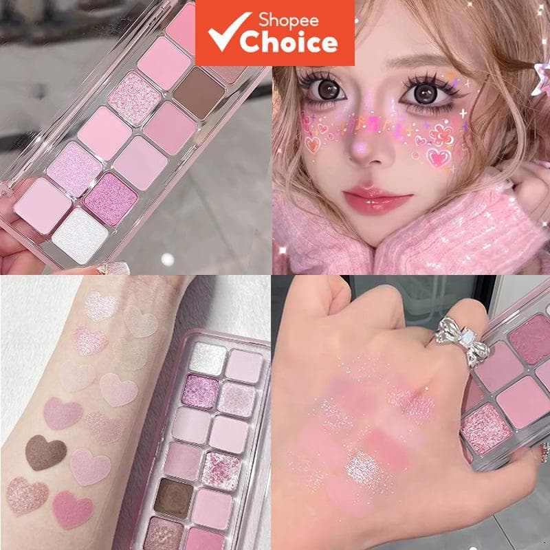 Paleta de Sombras Rosa 12 Cores – Acabamentos Matte e Glitter, Longa Duração, Perfeita para Maquiagem Diária e Fofa