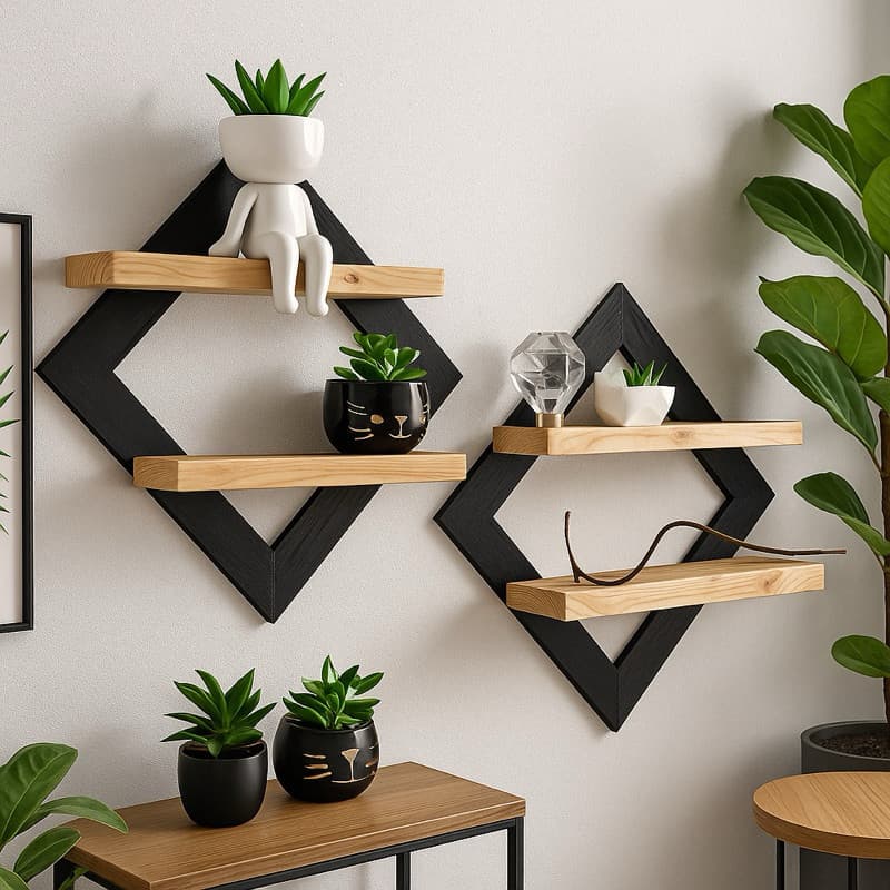 Quadro Decorativo em Pinus Prateleira Dupla Nicho Expositor de Obra Primas Decoração de Parede com Bordas de Mdf
